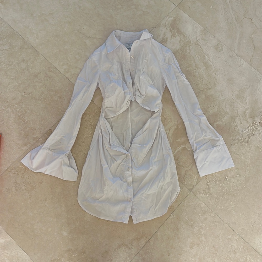 l’acadamie white button long sleeve dress with midriff peep